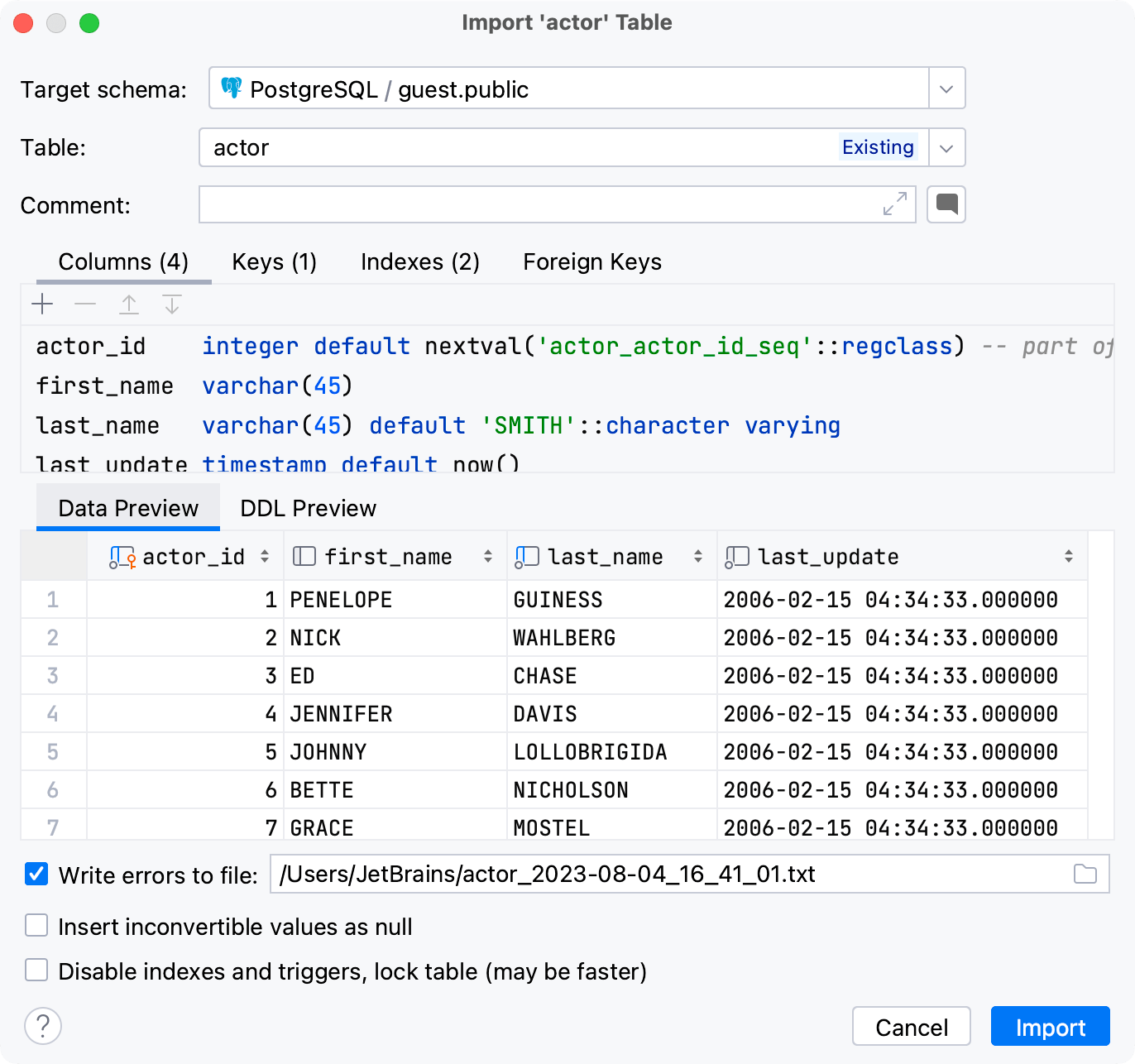 datagrip import csv paranthesis