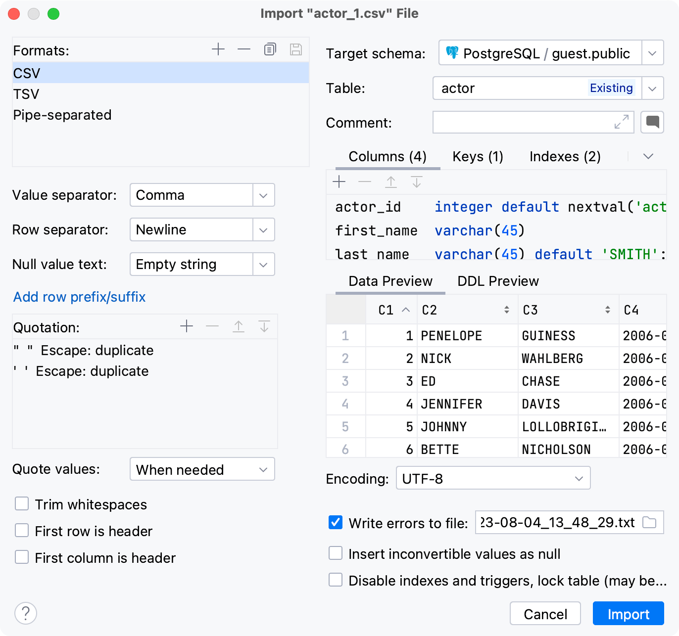 Import delimiter-separated values into a database