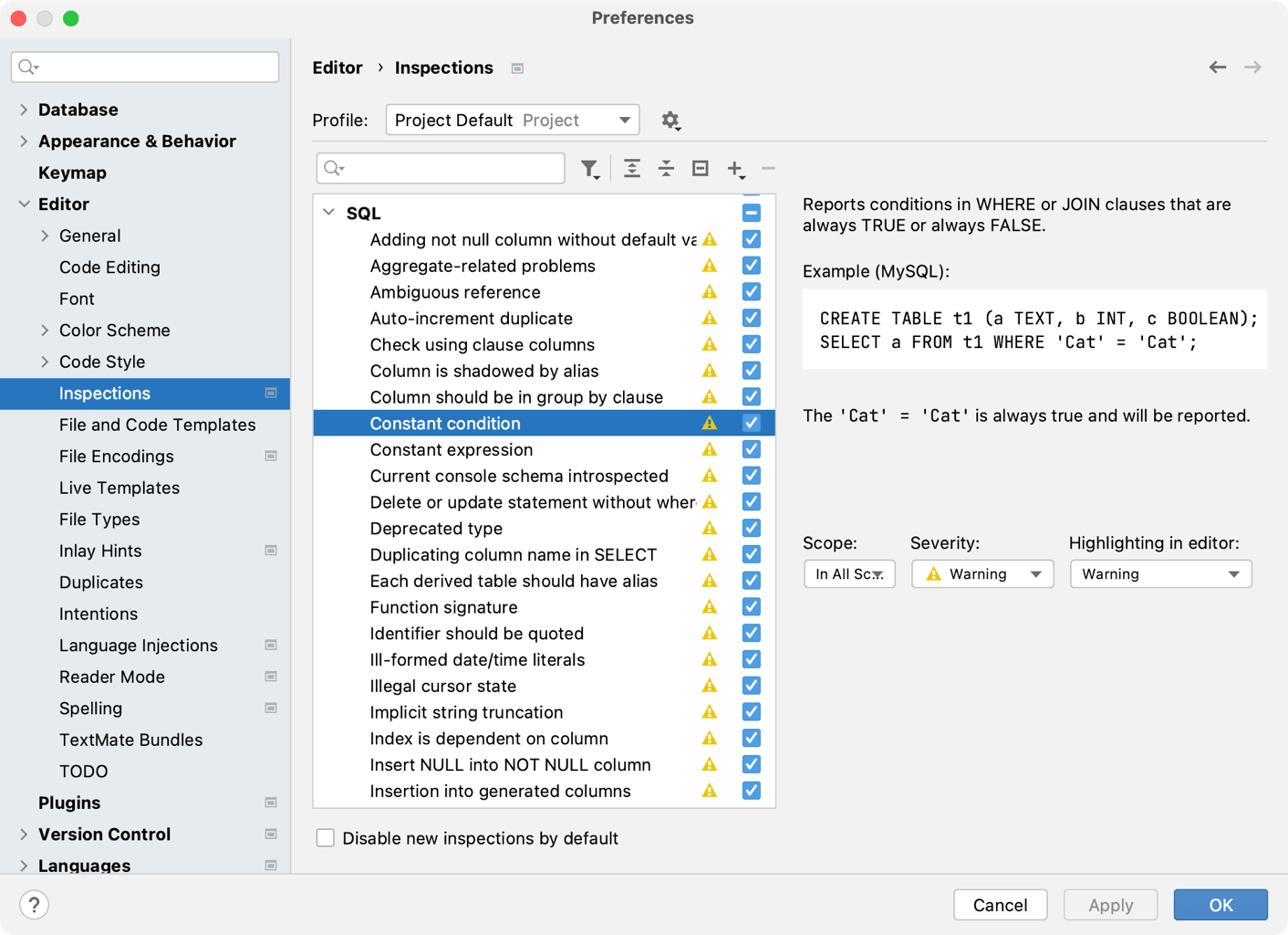 The list of inspections and their settings