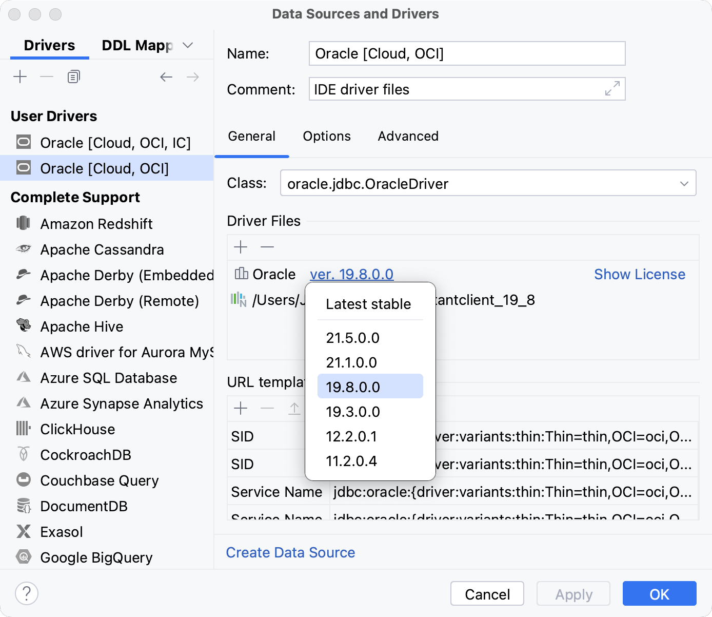 Driver file versions list for the IDE provided driver