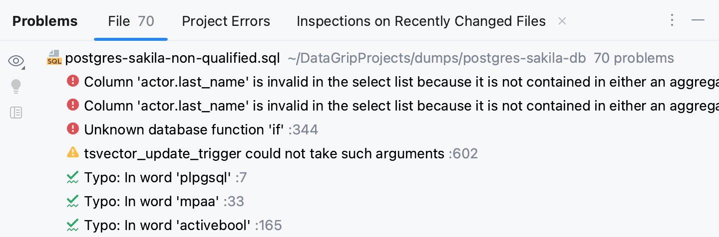 DataGrip: Problems tool window. Current File tab