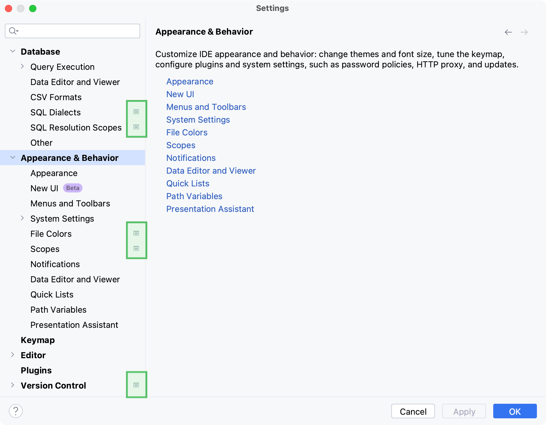 Project settings marked in the Settings dialog