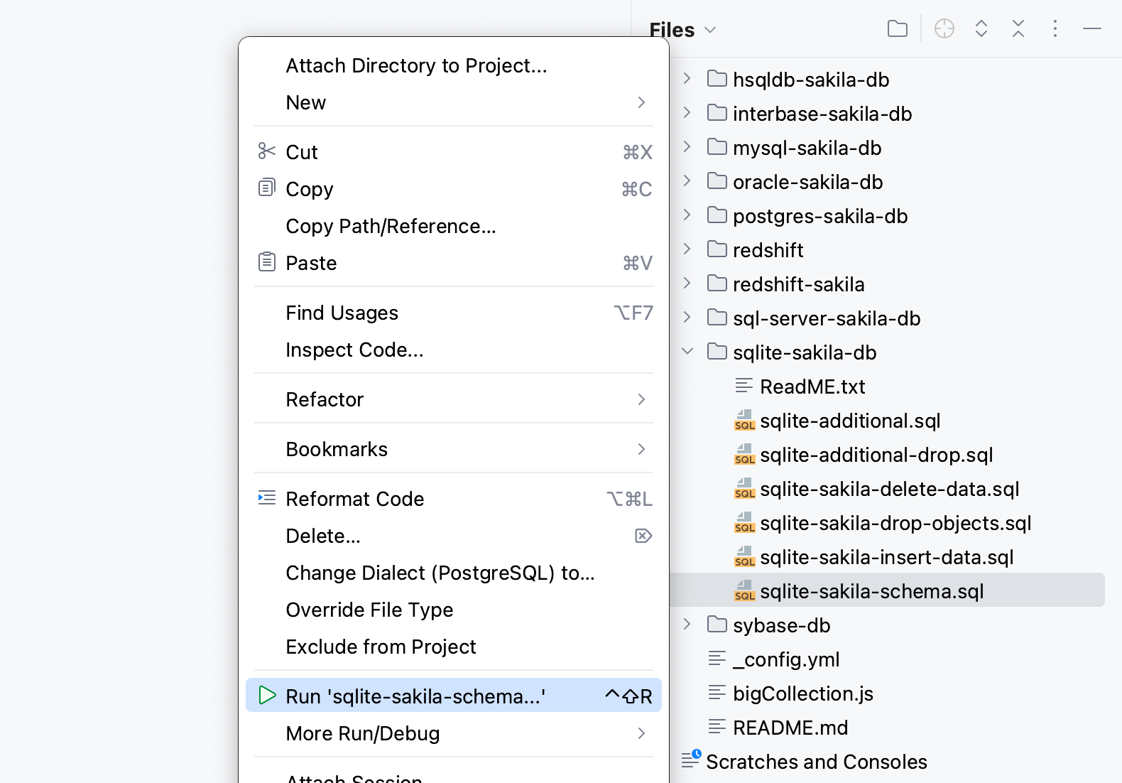 Run SQL files from the Files tool window