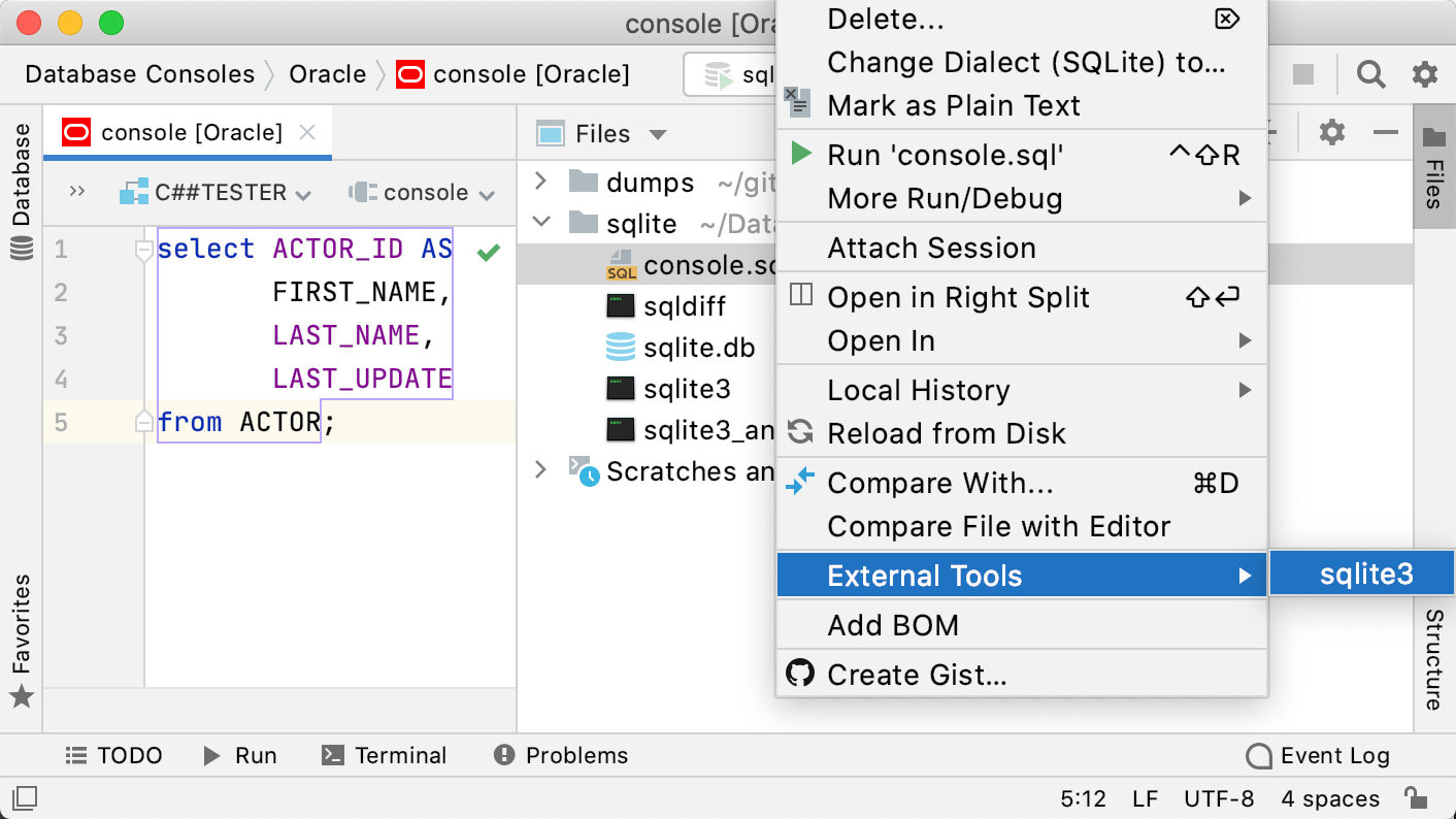 run sqlite3 from the context menu