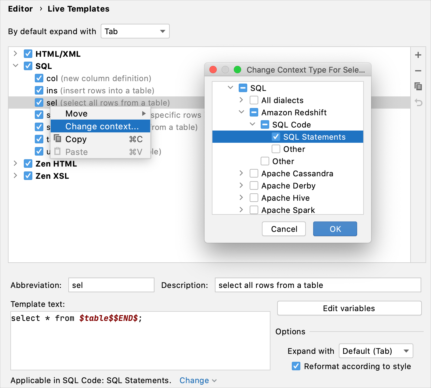 Set an SQL dialect for a live template