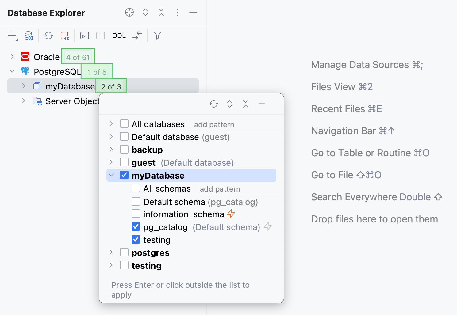 Select schemas or databases in data source properties