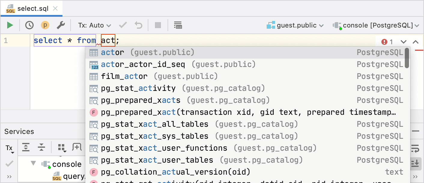How to set an active data source for code autocompletion