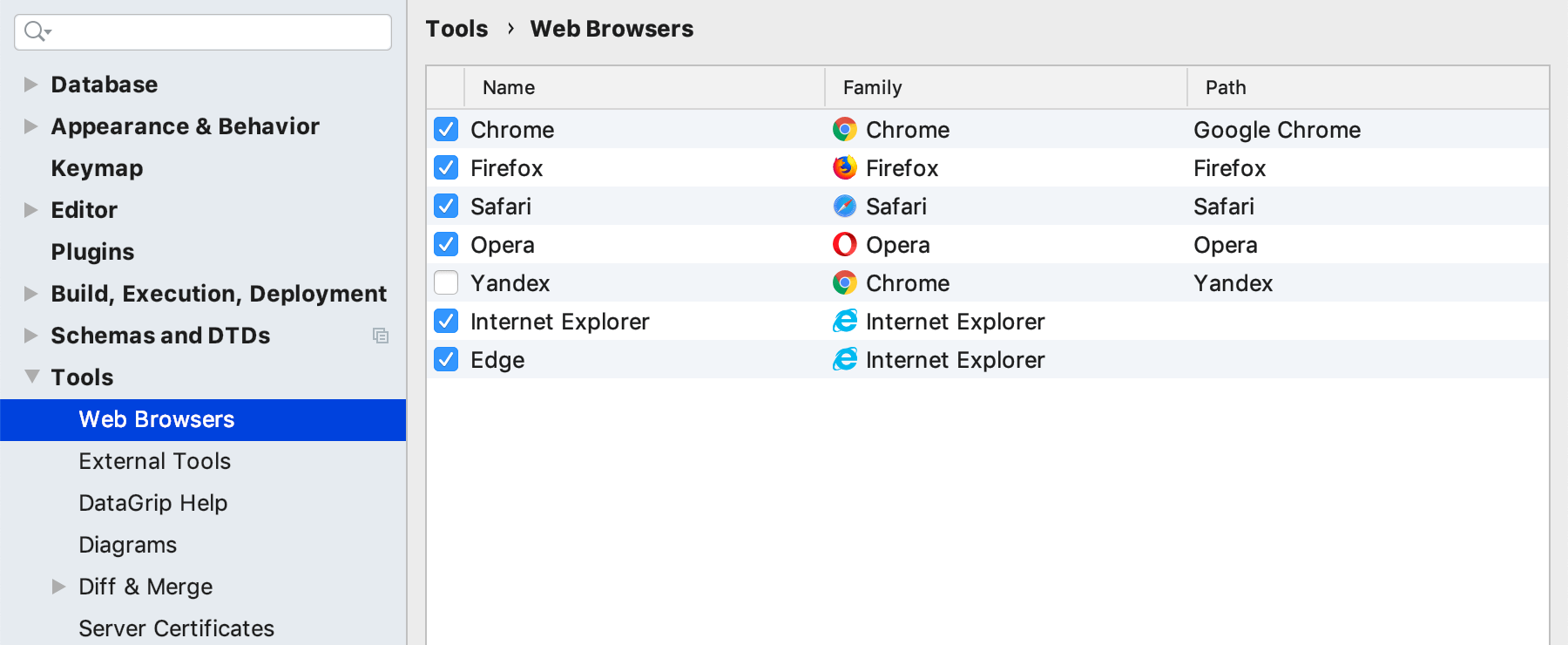 The Web Browsers page in Settings