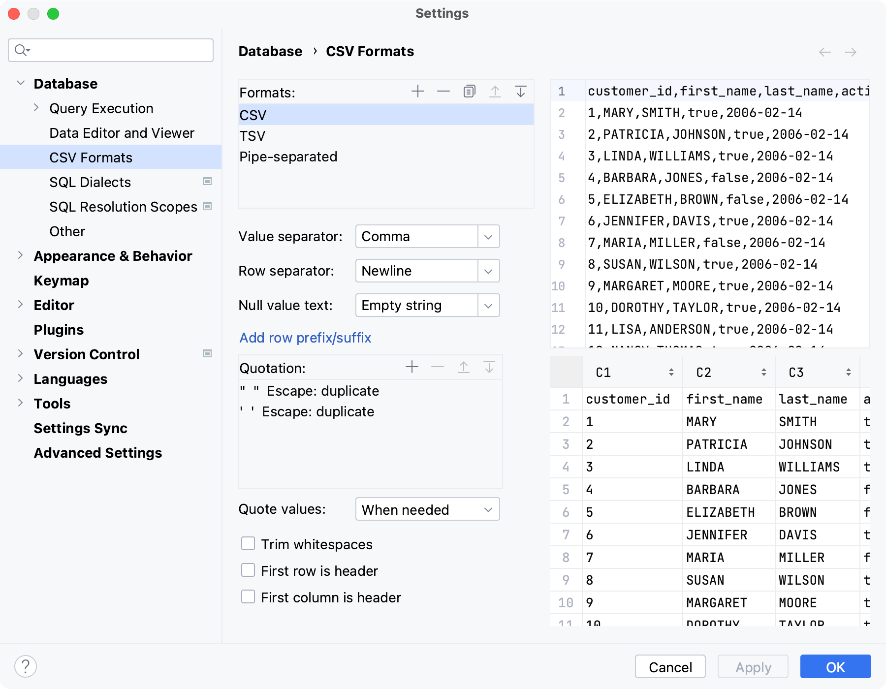 The CSV Formats menu of the Database settings