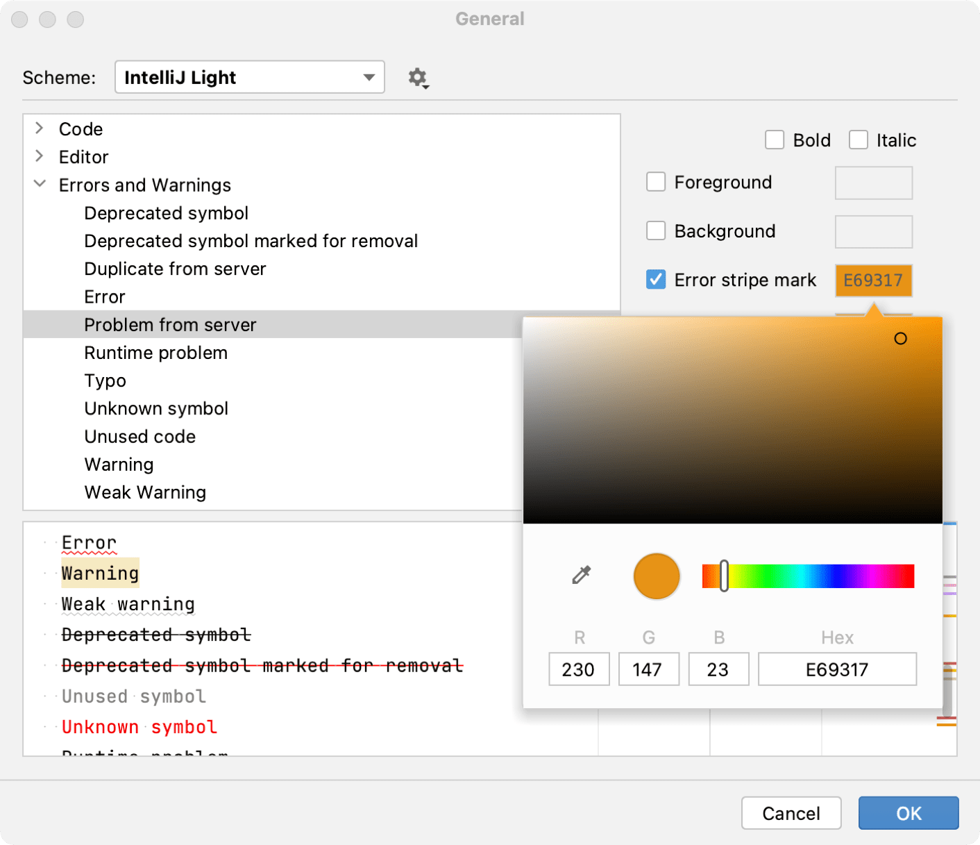 Changing error highlighting