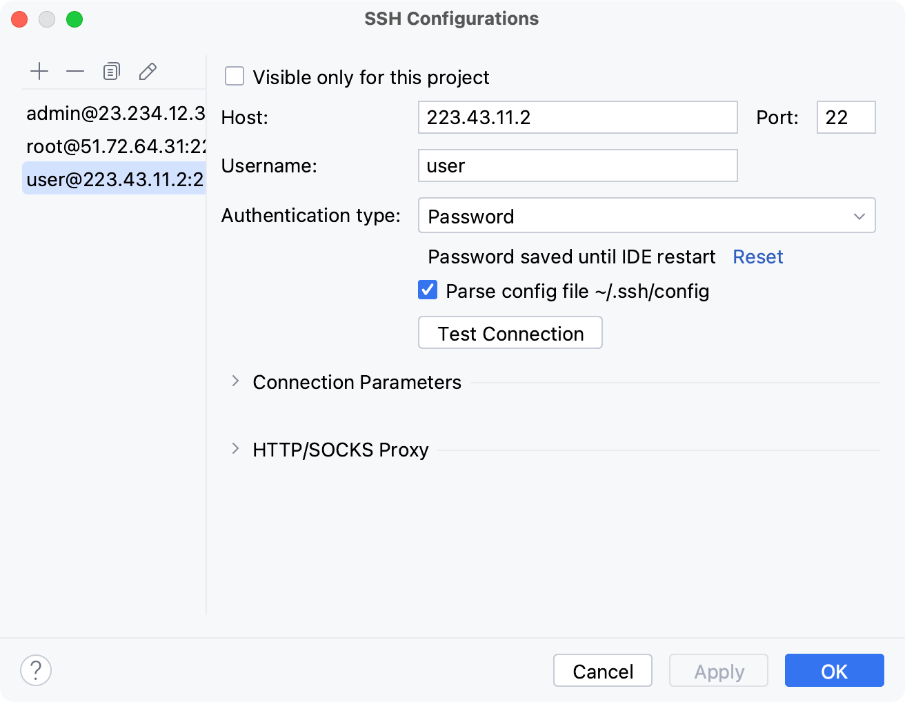 SSH settings of a data source