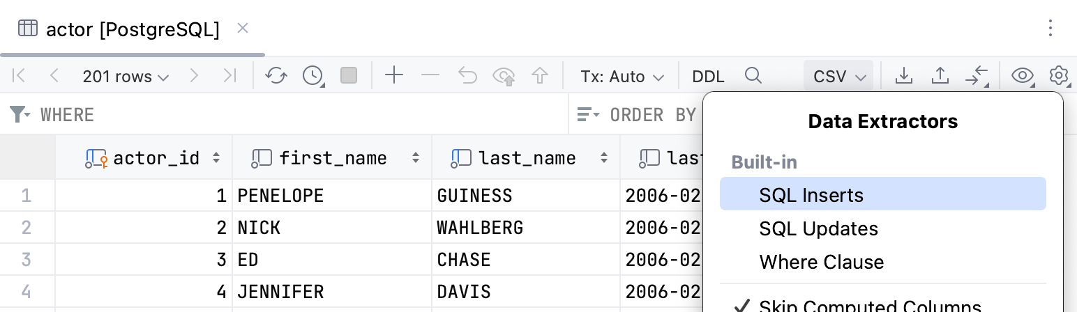 Data extractor list on the data editor toolbar