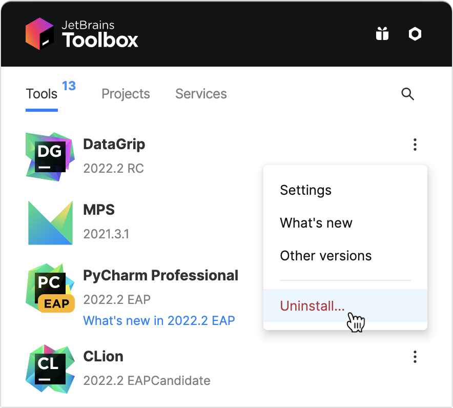 Uninstall DataGrip using the Toolbox App