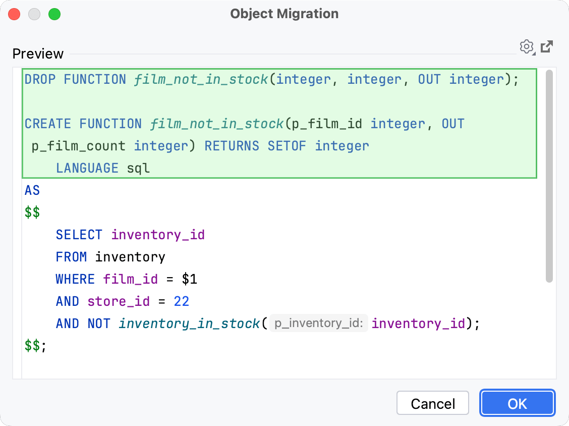 Migration script with changes for a single database object