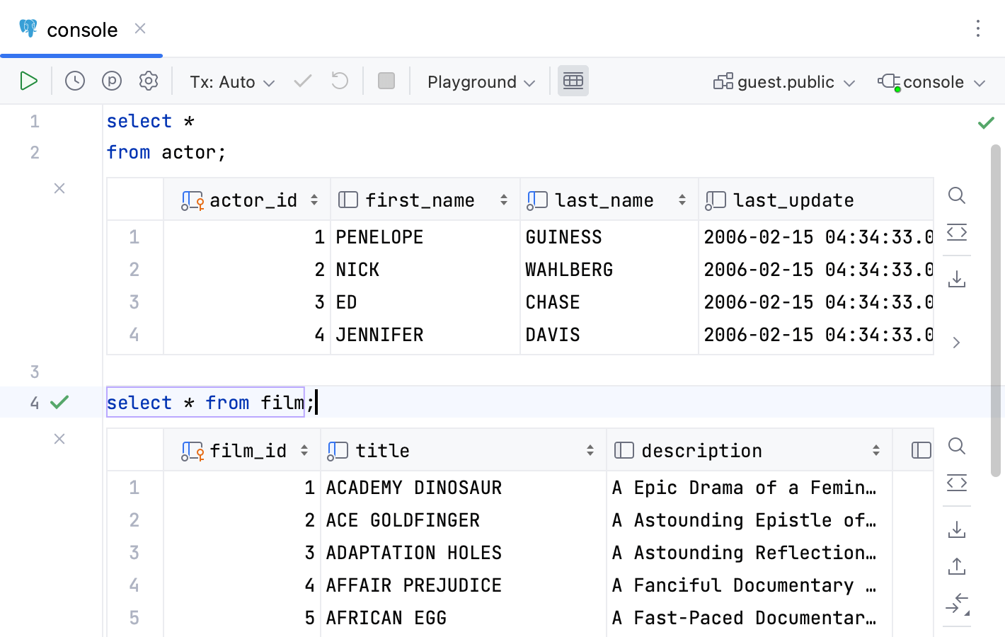 View two result sets in the editor