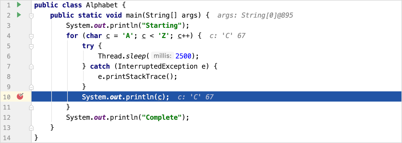 The blue highlighting indicates that the program is suspended at line 10