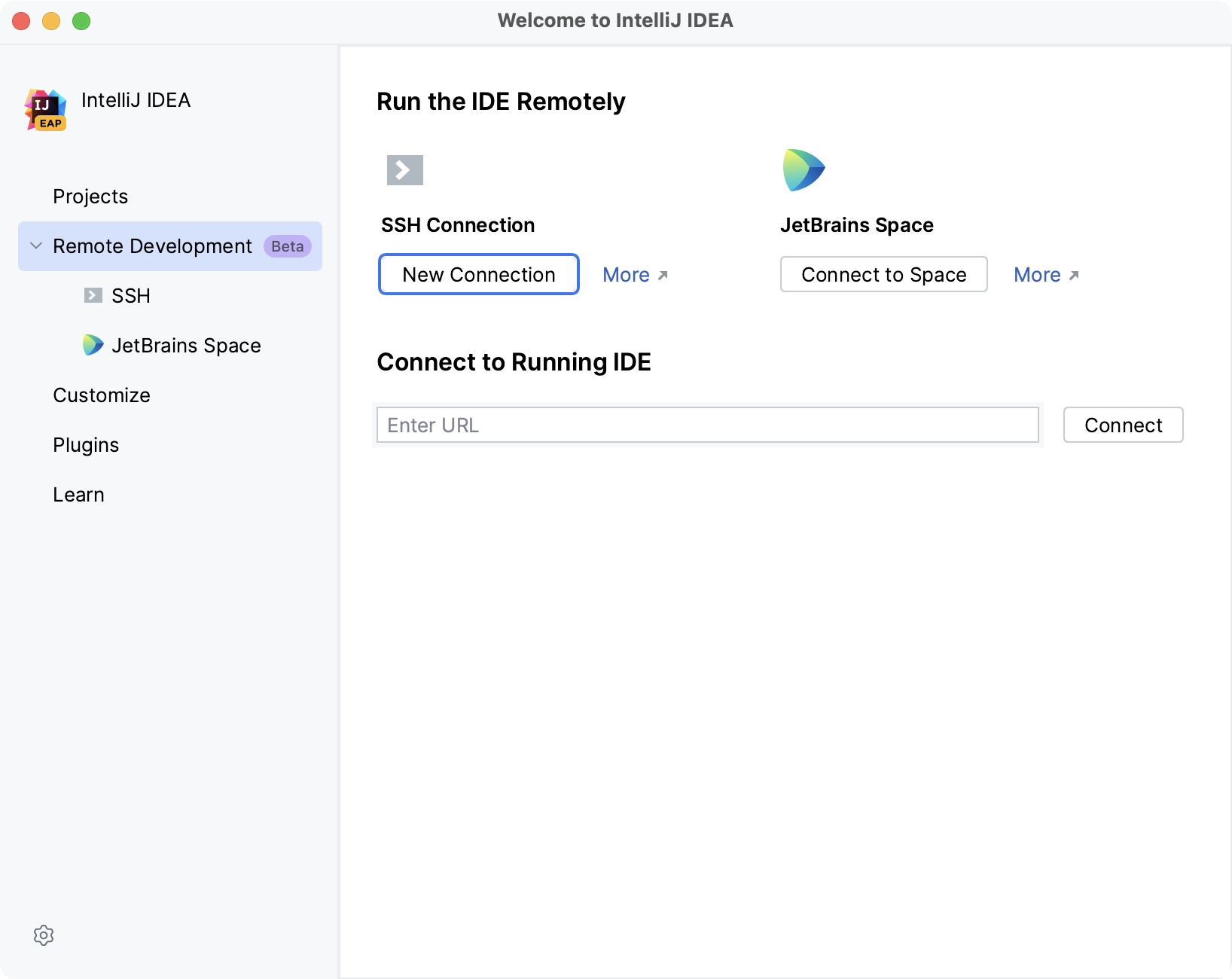 Configuring remote development settings on Welcome screen