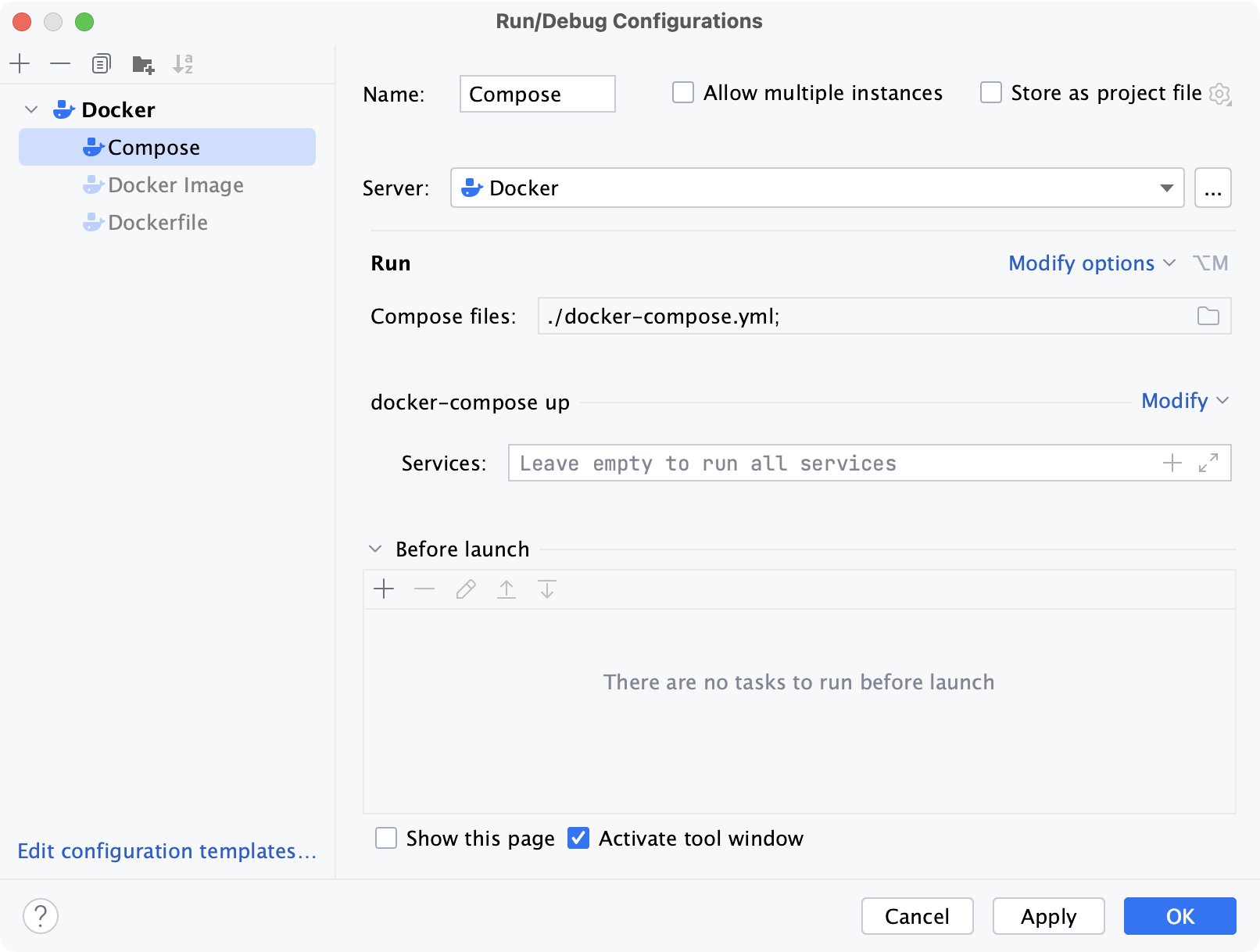 Docker Compose run configuration dialog
