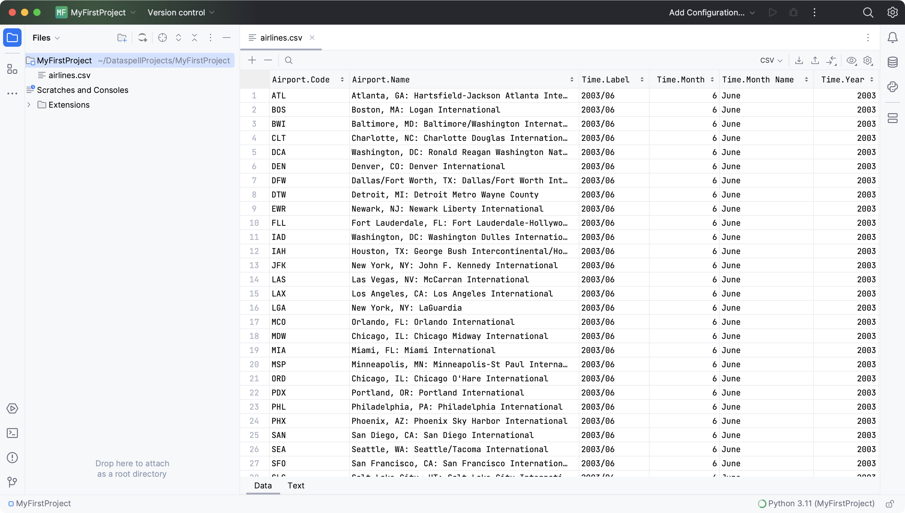 Viewing airlines.csv in the editor