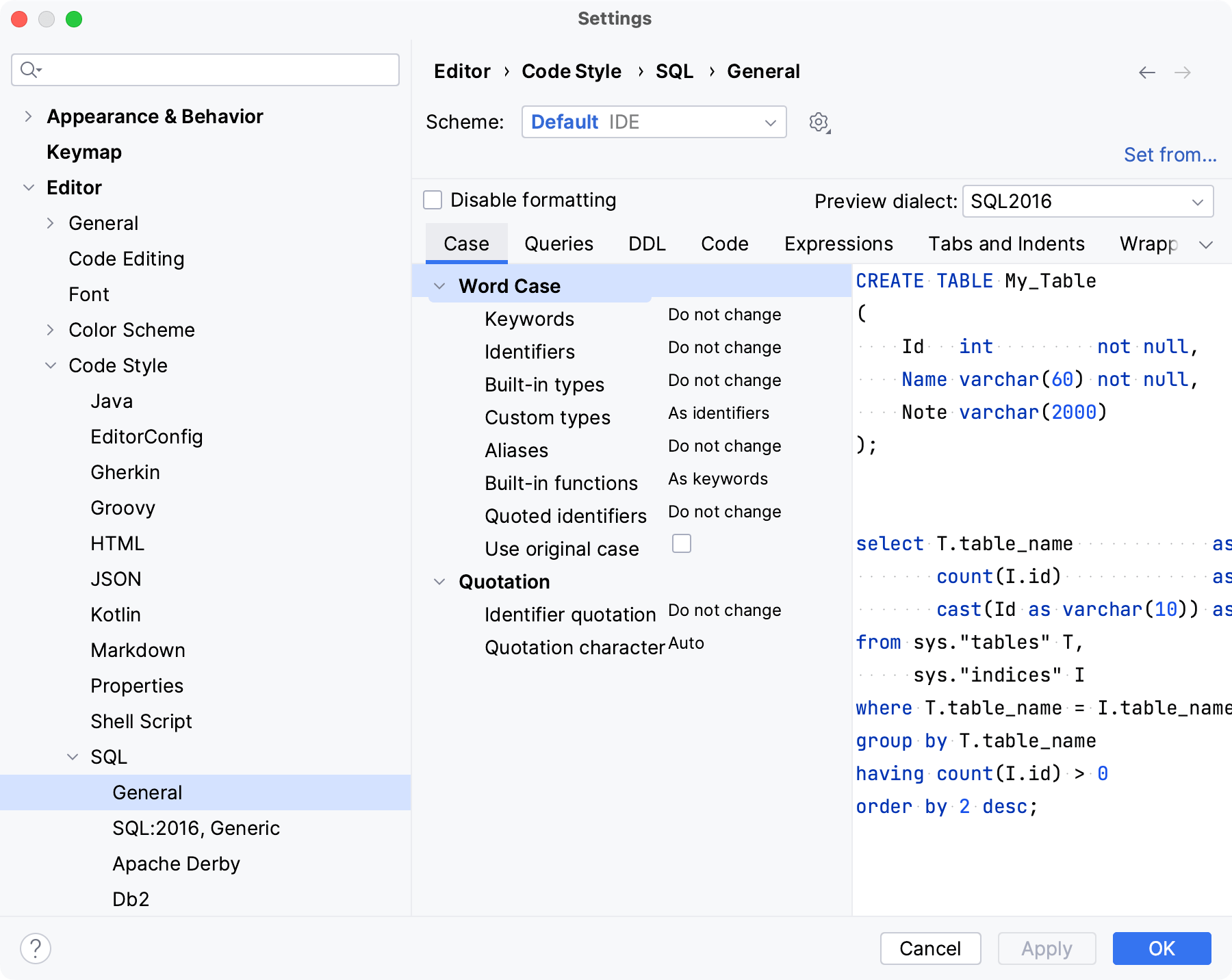 Code style settings