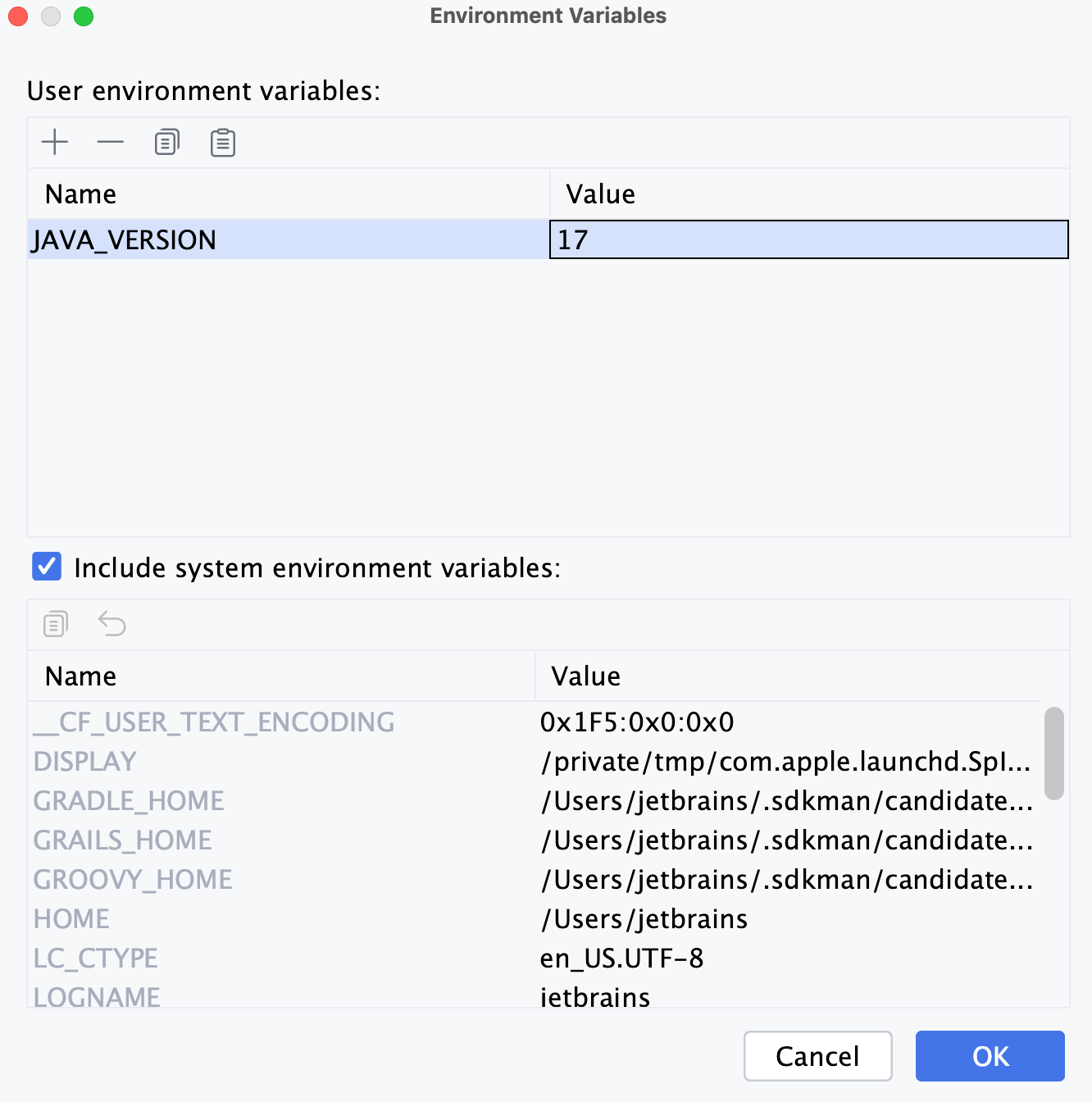 Environment Variables dialog