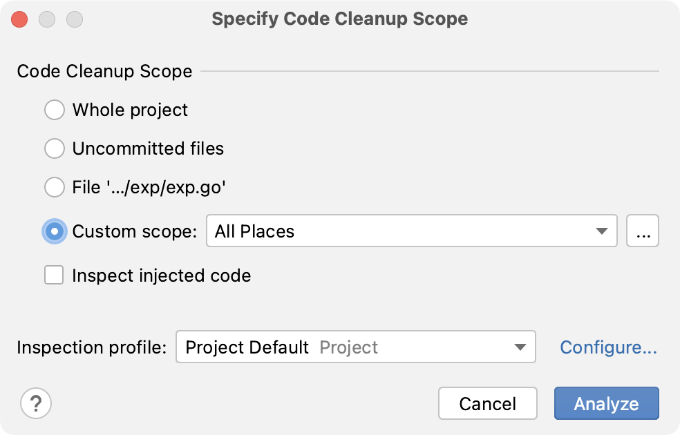 the Specify Code Cleanup Scope dialog