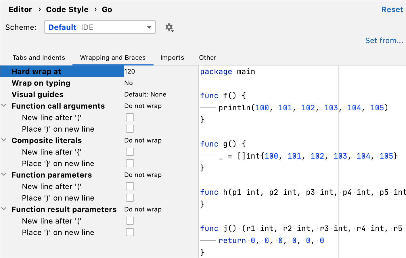 Code formatting: wrapping for call arguments, function parameters, and composite literal elements