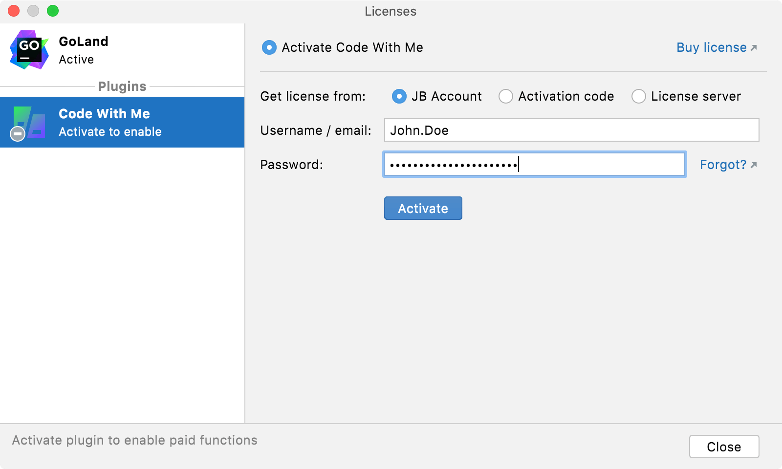 The License Activation dialog