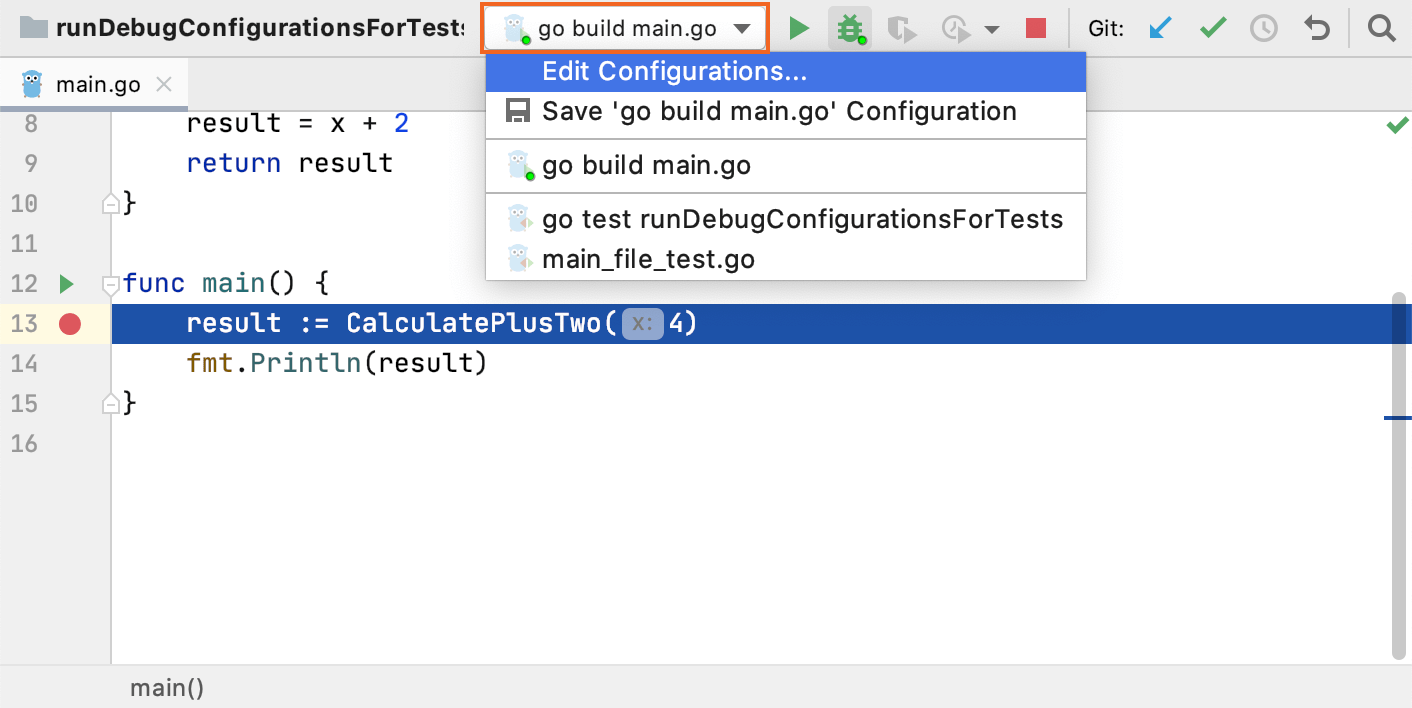 The list of run/debug configurations on the toolbar