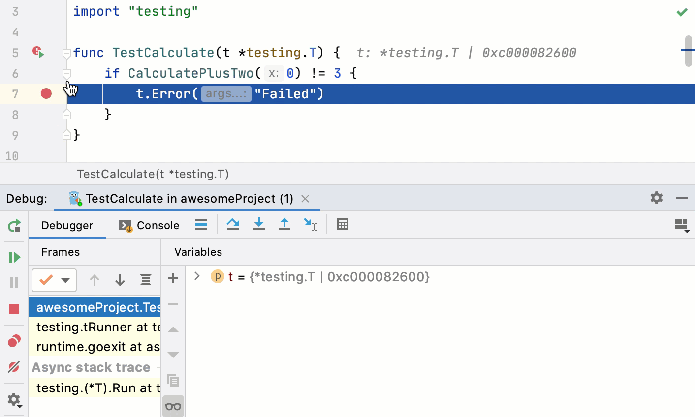 Debugging a test using the gutter icon