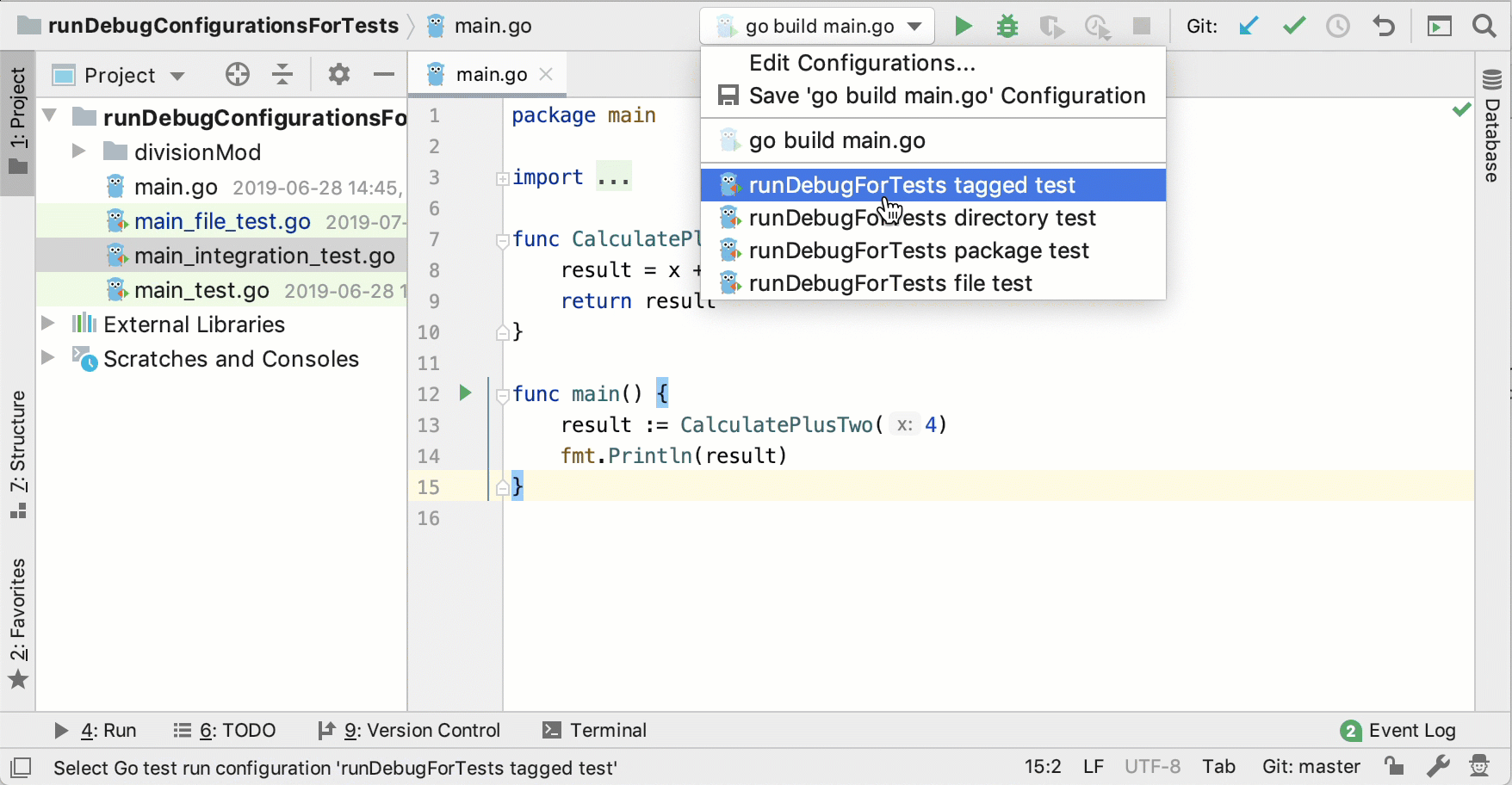Run a run/debug configuration for tests