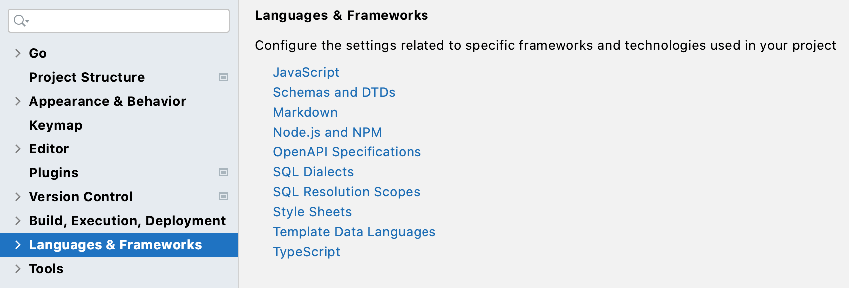 Settings: Languages and Frameworks