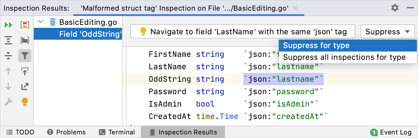 Suppressing inspection in the Inspection Results tool window