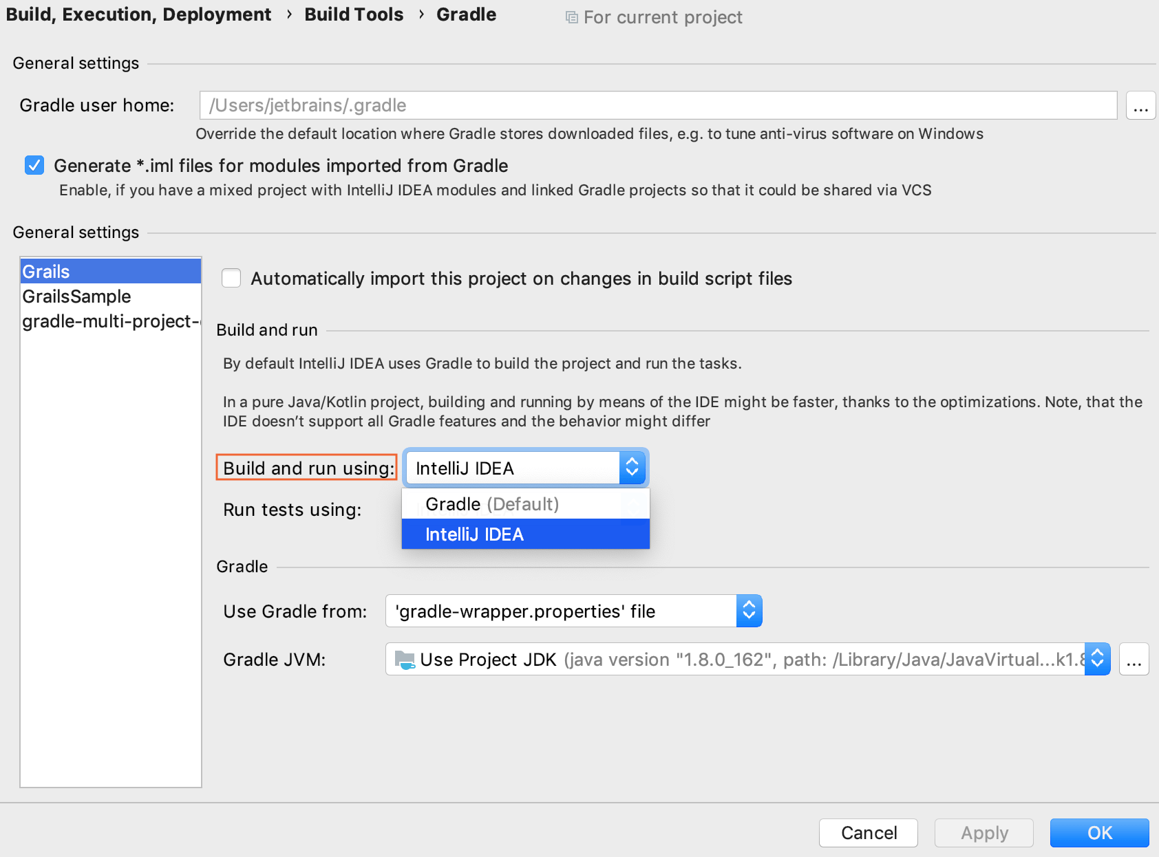 the Gradle settings