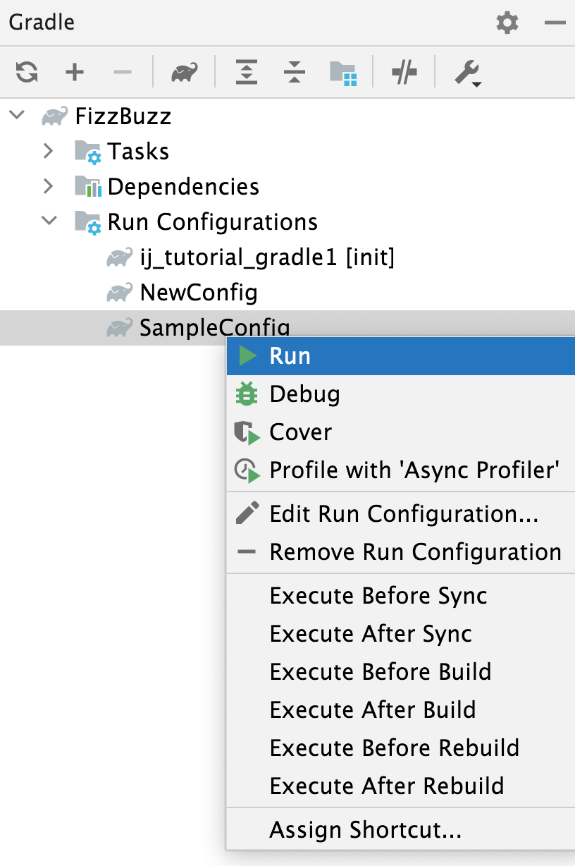 Gradle tool window: run configuration