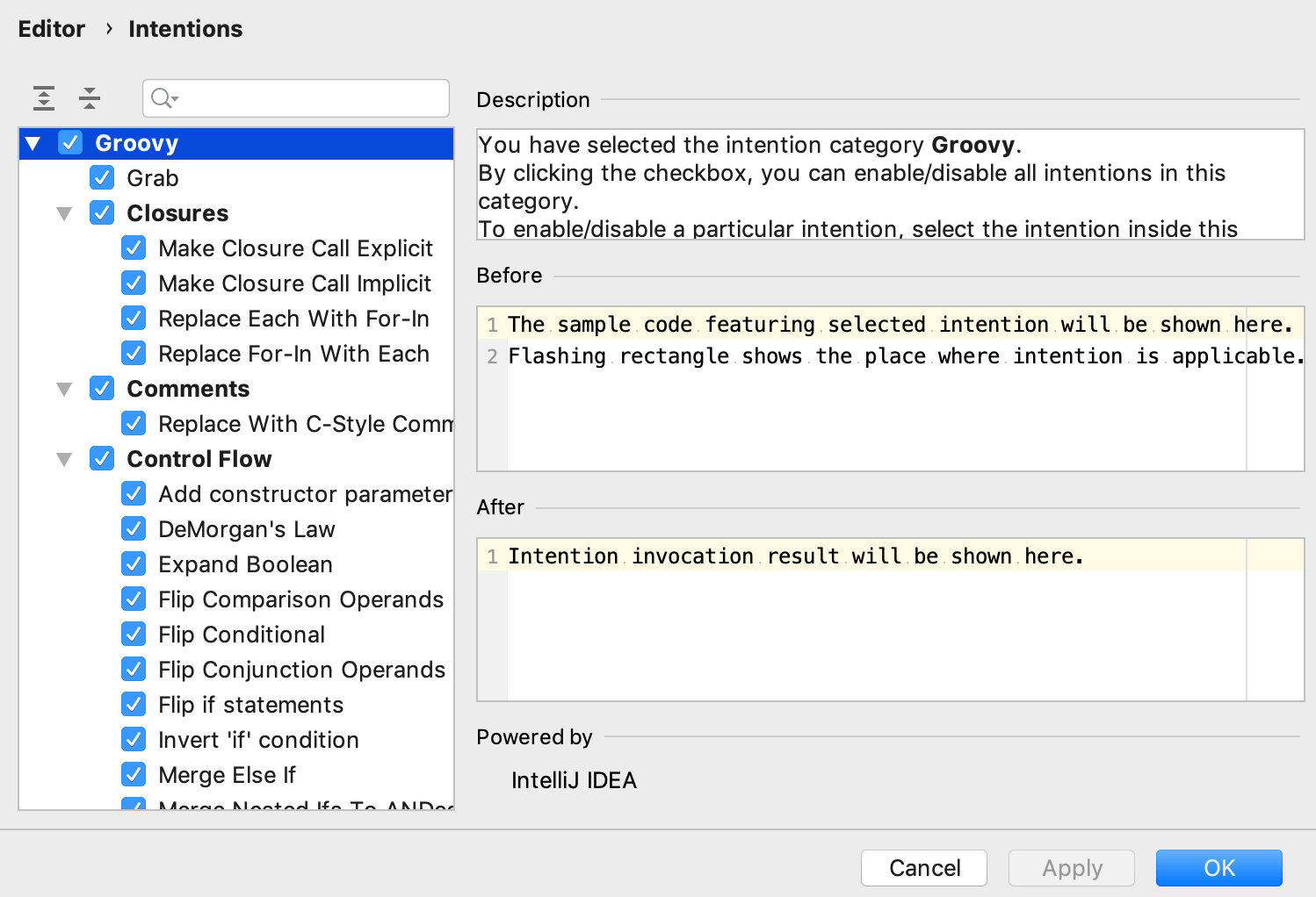 Groovy Intentions settings