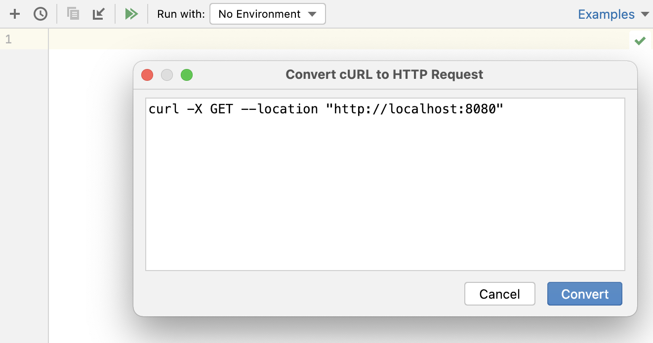 The Convert cURL to HTTP Request dialog