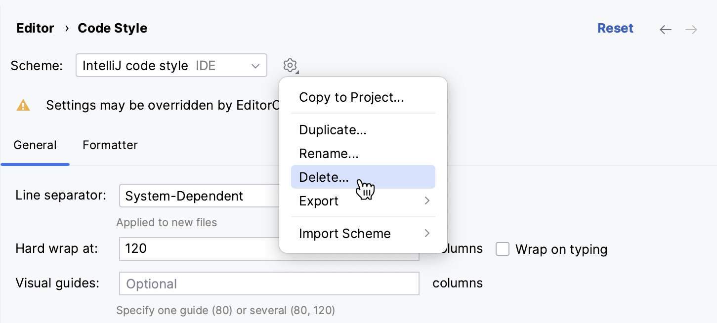 Deleting a code style scheme