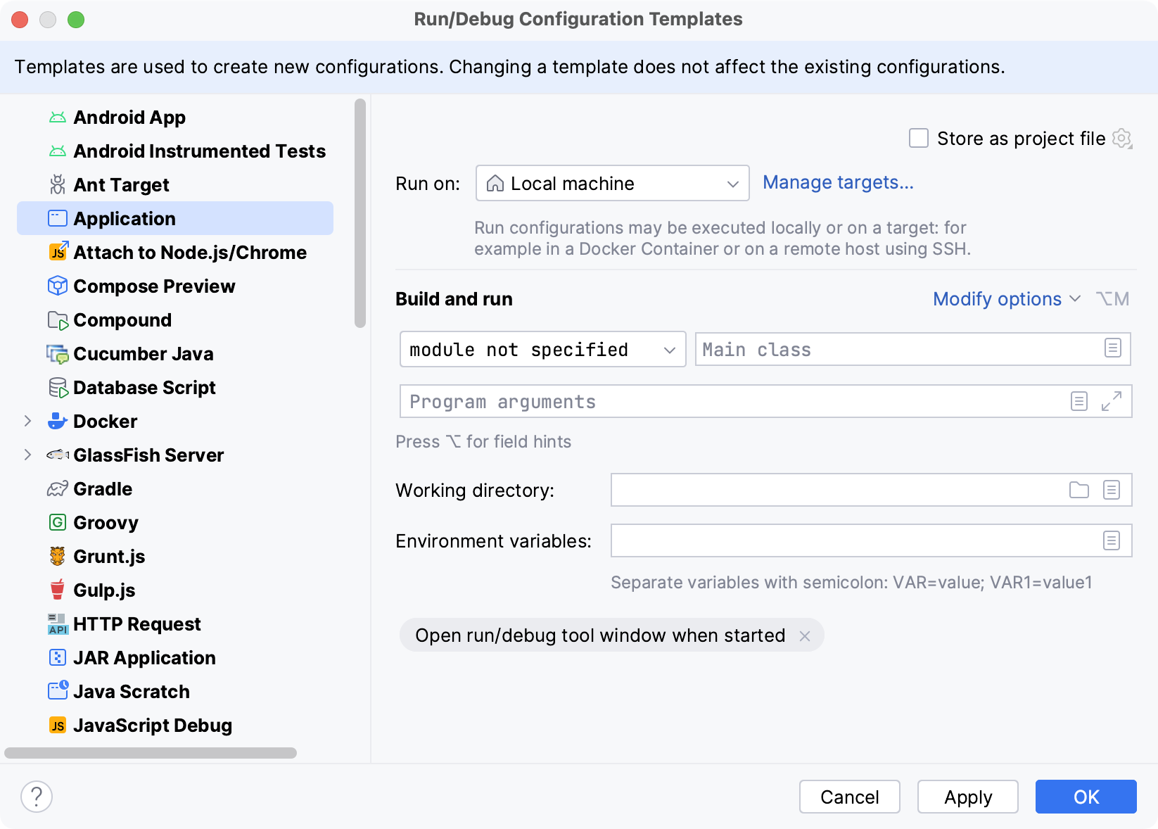 Run/Debug templates