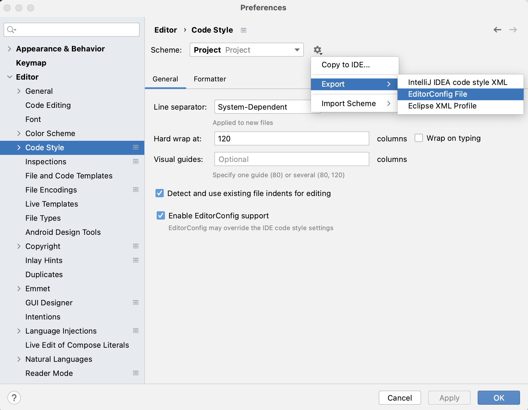 Exporting code style settings as .editorconfig file