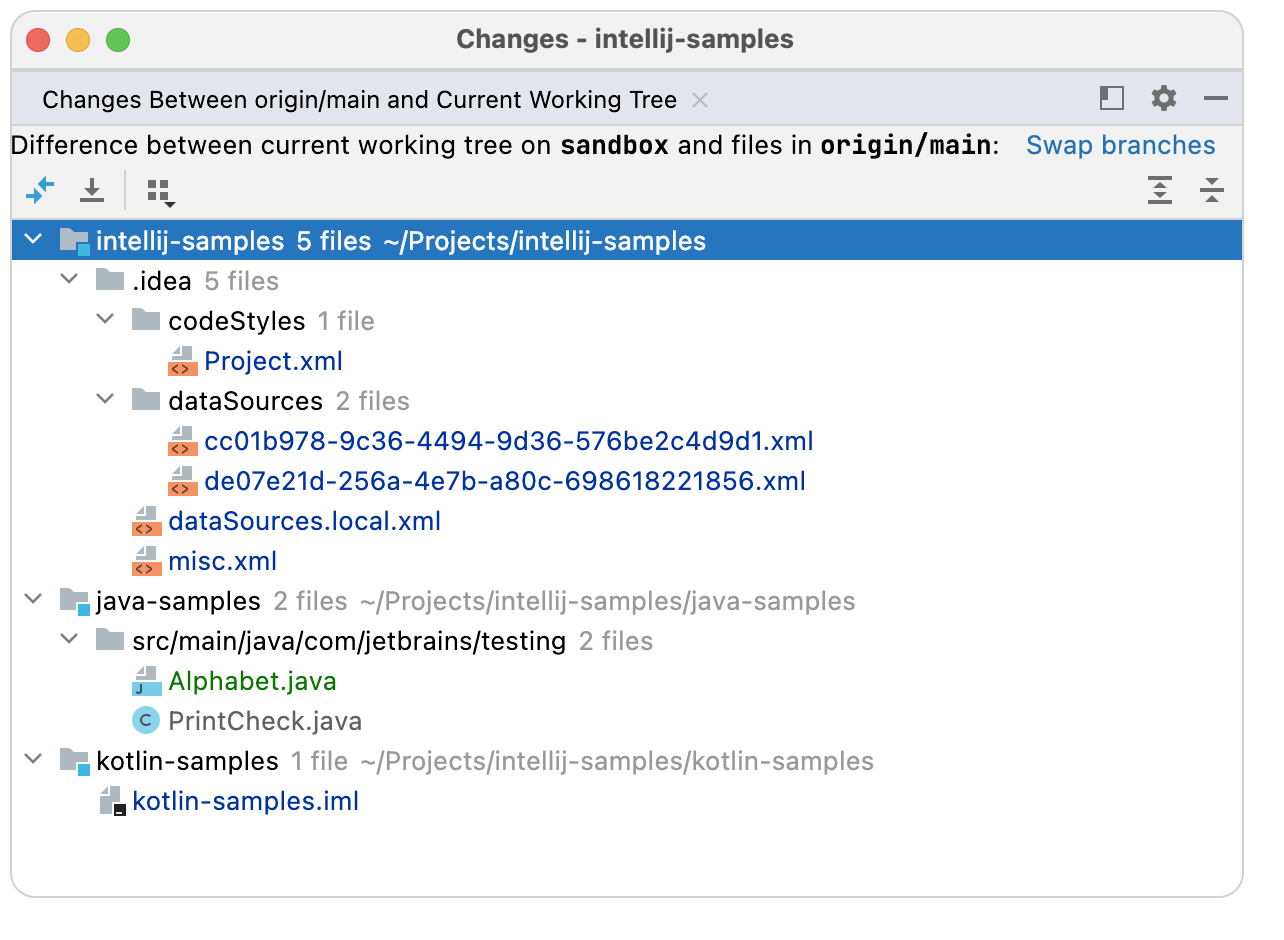 Show diff between selected branch and current working tree