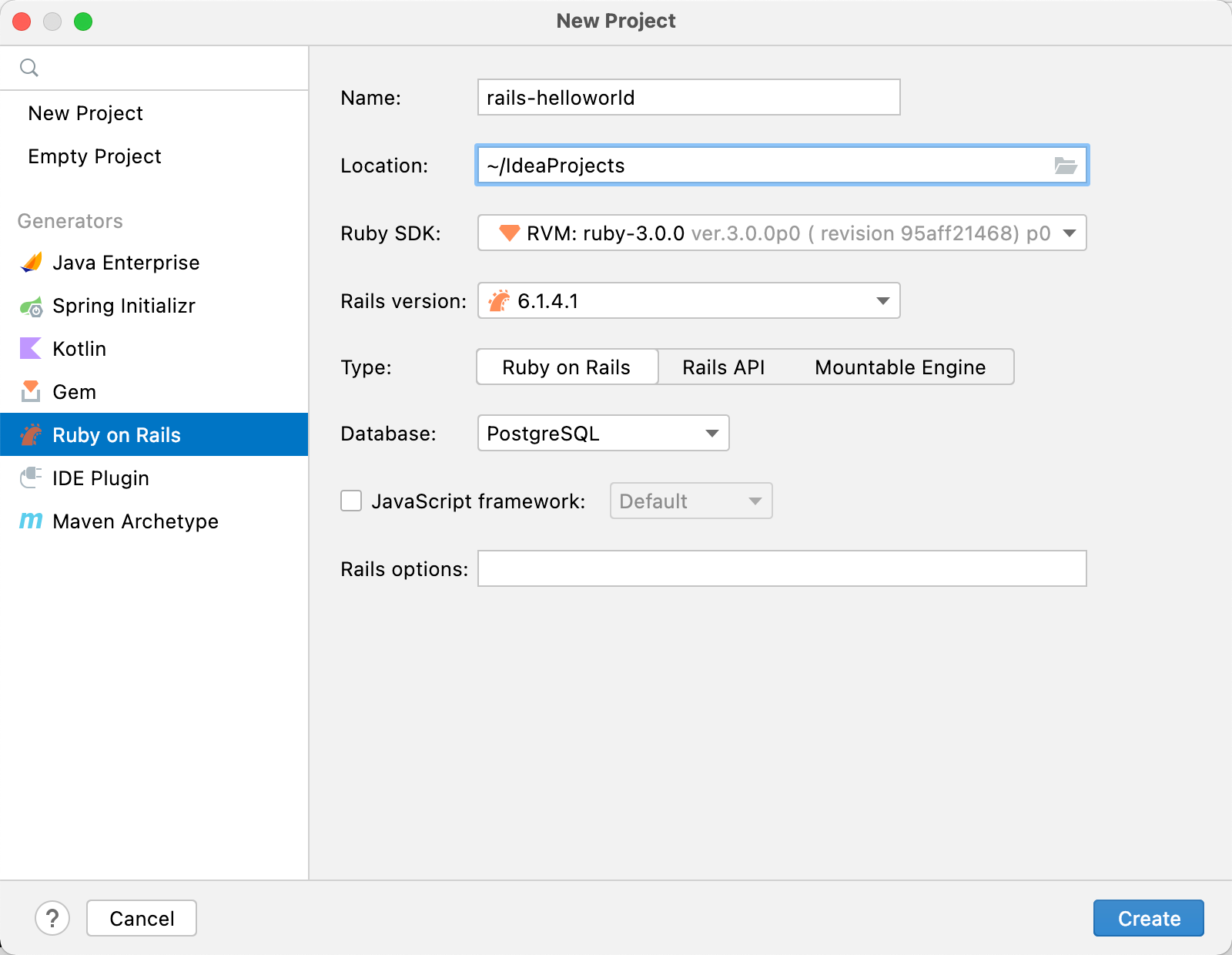 New project dialog / Ruby on Rails