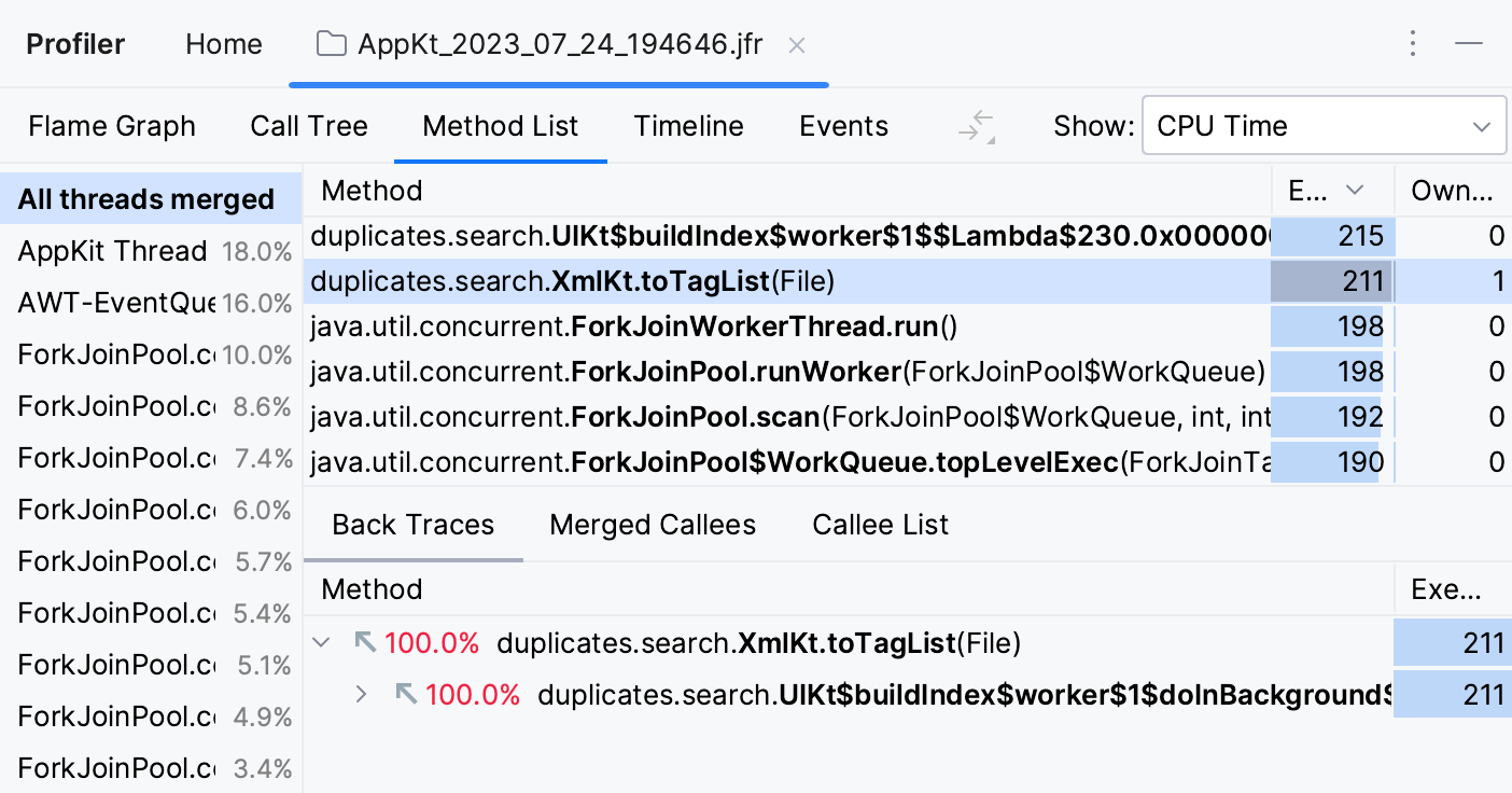 method list tab in the profiler results