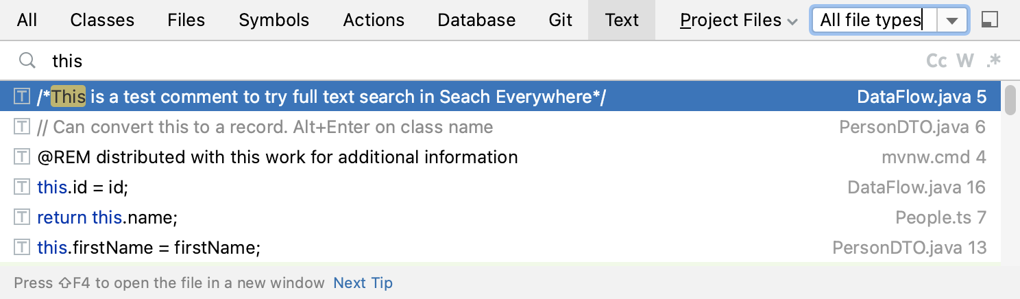 Full text search results in Search Everywhere