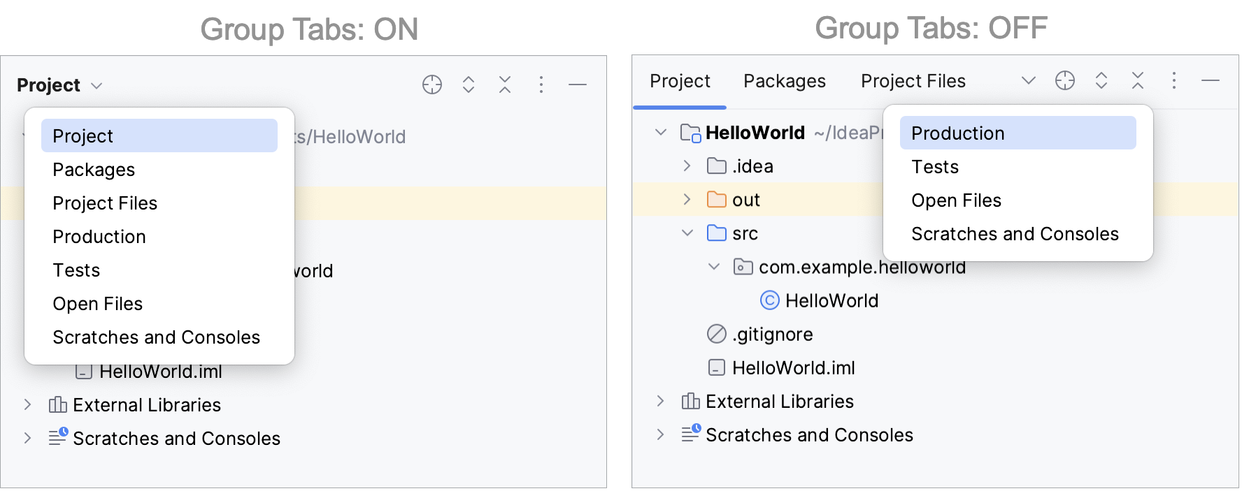 IntelliJ IDEA: choosing a view in the Project tool window