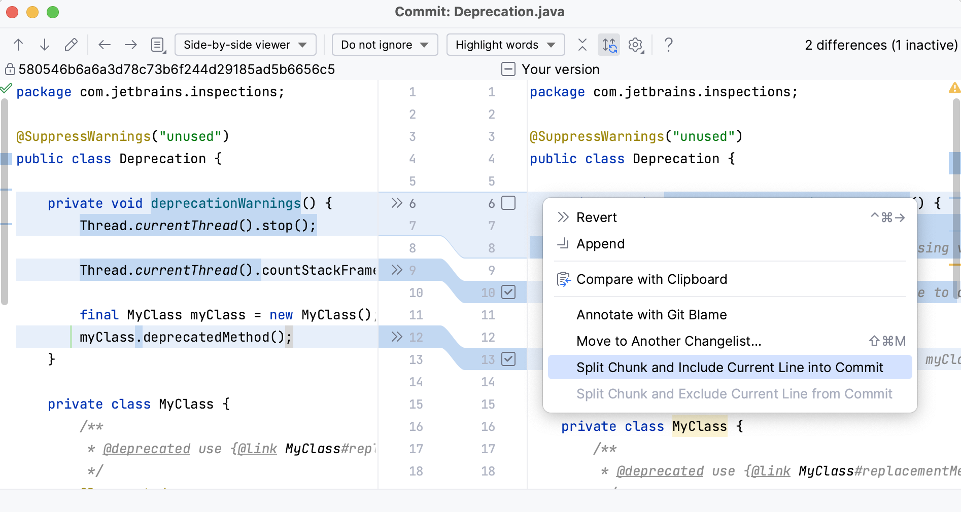 IntelliJ IDEA: An option to include current line in commit in the context menu