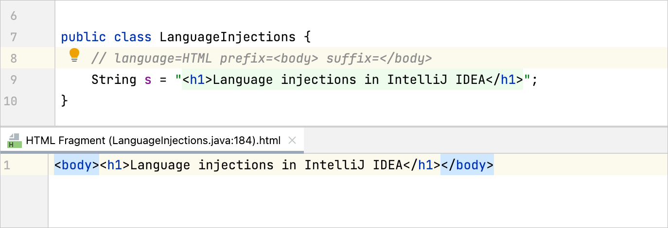 Using prefixes and suffixes in language injection