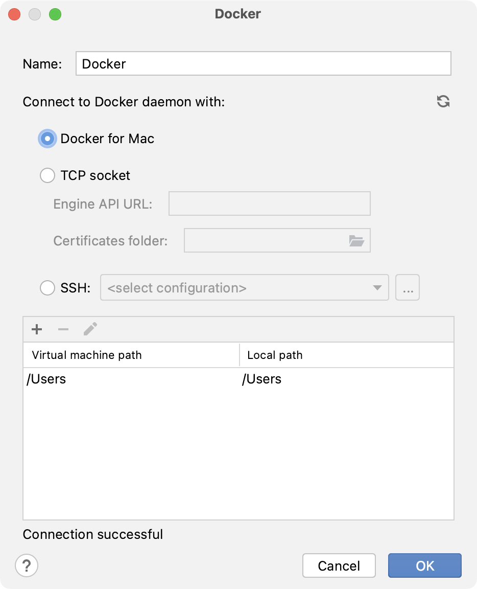 The Docker connection settings for interpreter
