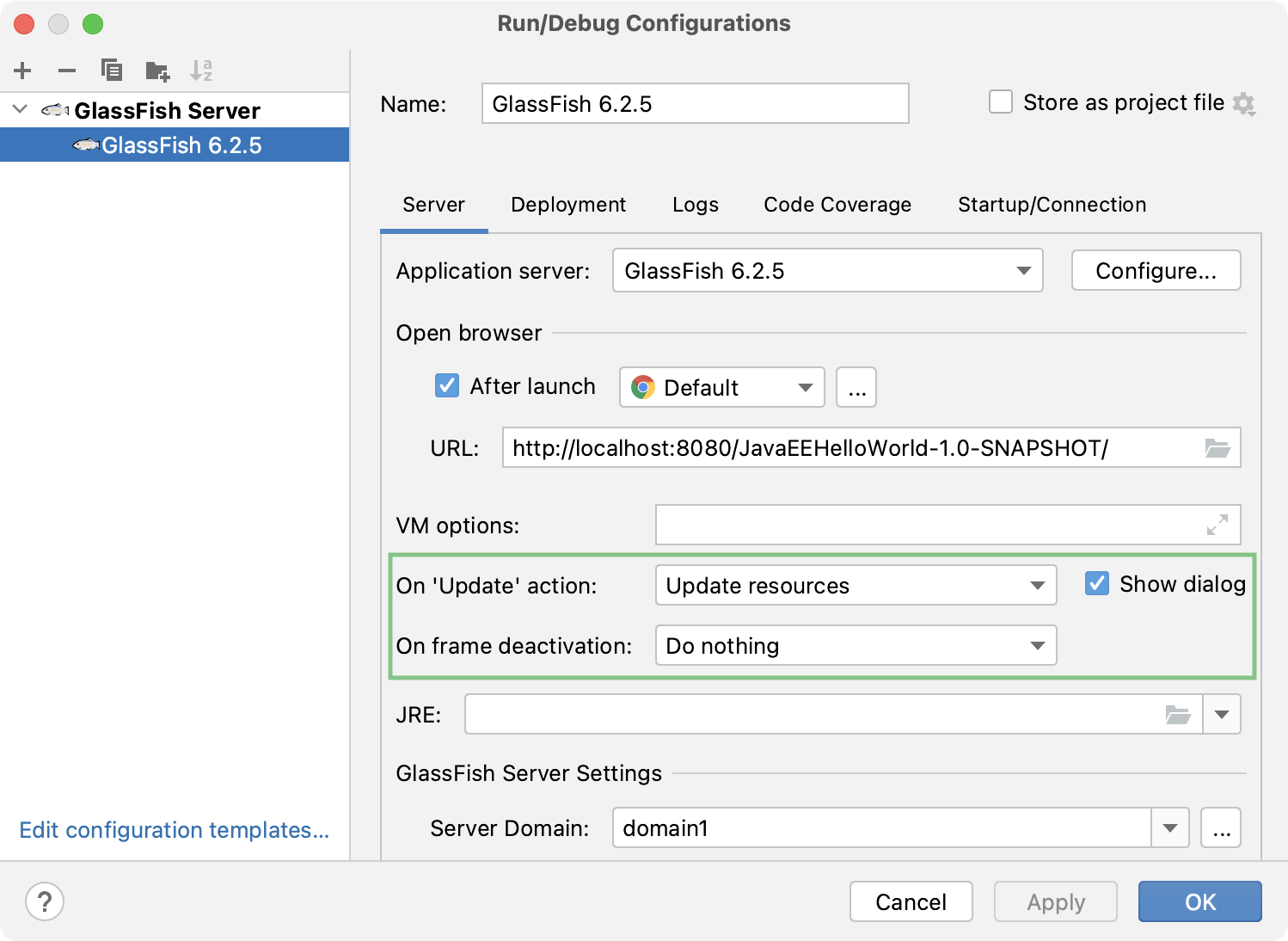 Configure application update actions in the GlassFish run configuration