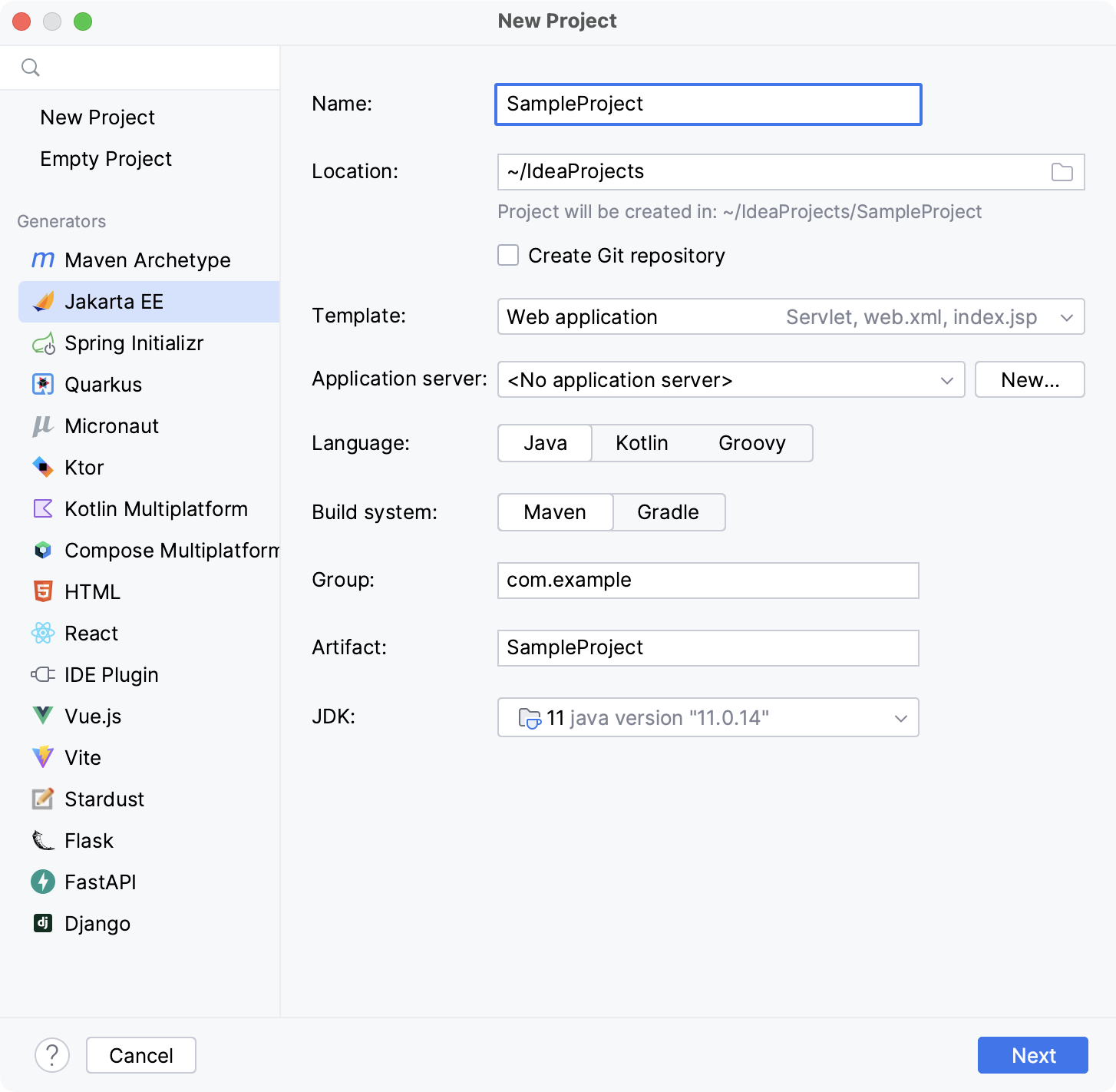 Creating new Java Enterprise project